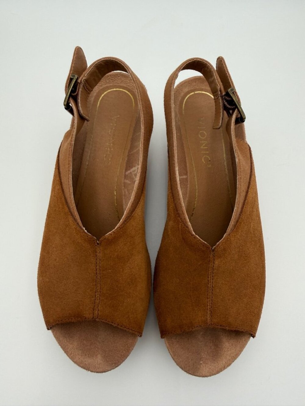 Vionic Women’s Trixie Brown Suede Peep-Toe Wedge  Adjustable Slingback Strap 8 - Picture 2 of 8